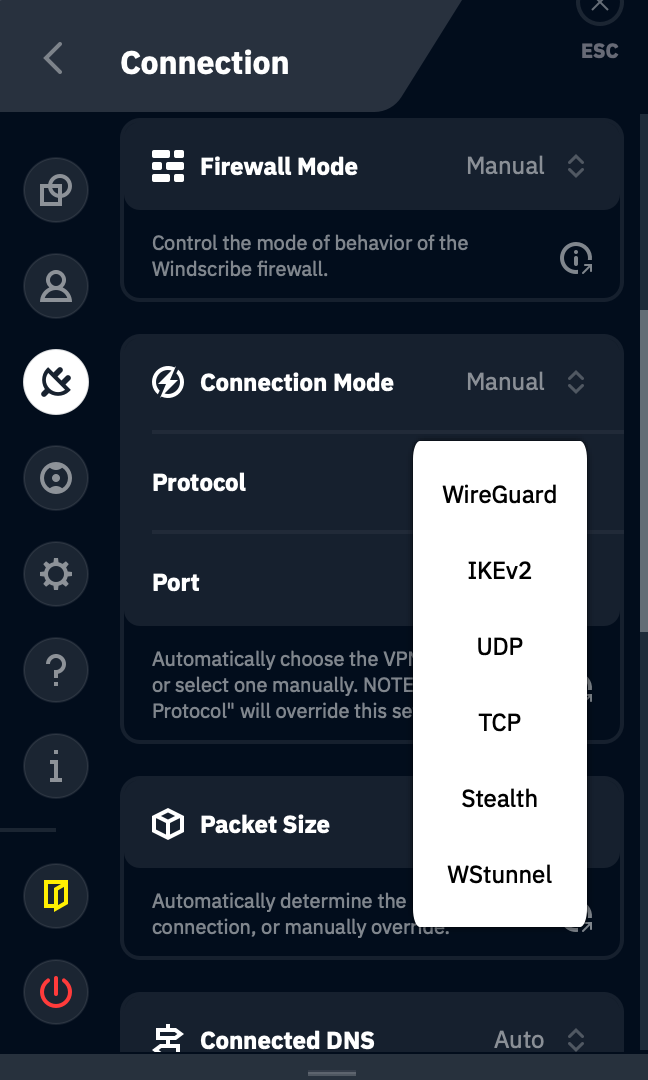 Protocol drop down menu