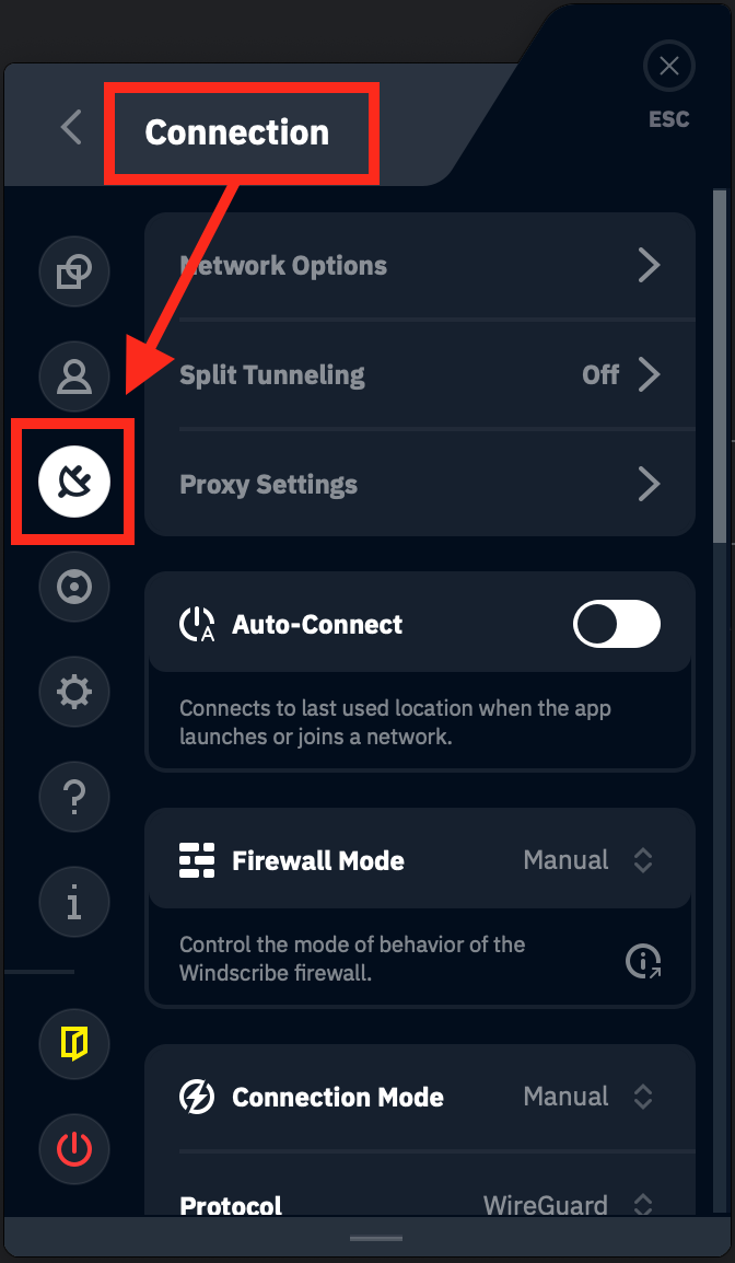 Connection Tab within the Windscribe app