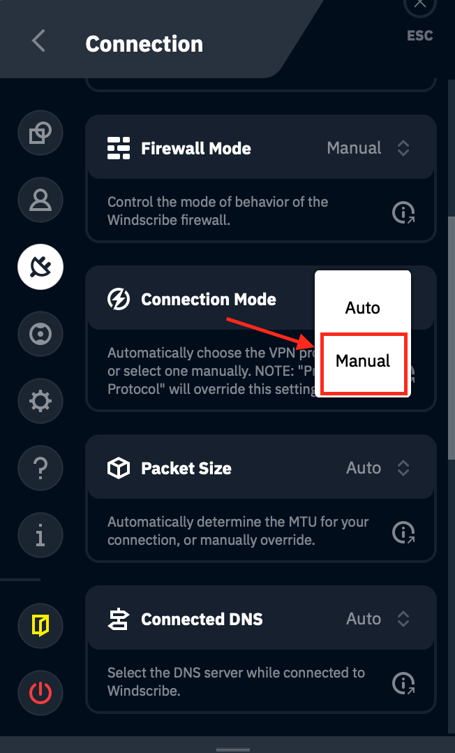 Manual Connection Mode option location