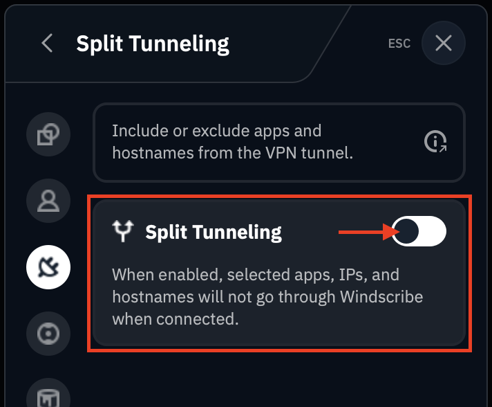 Split Tunnel toggle switch