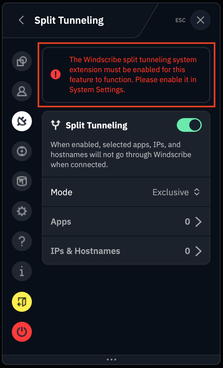 Enable Split Tunnel Extension warning