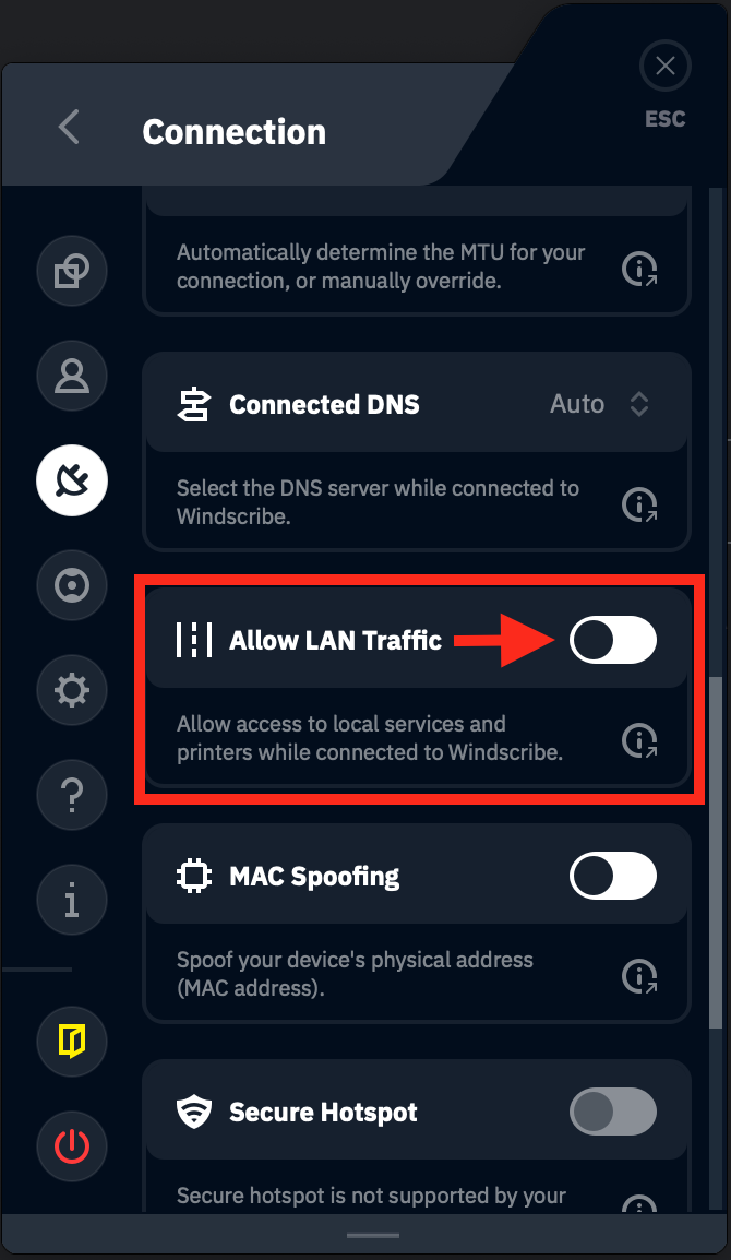 Allow LAN traffic toggle in the Windscribe app