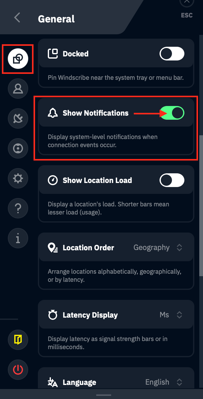 Disable notifications toggle location