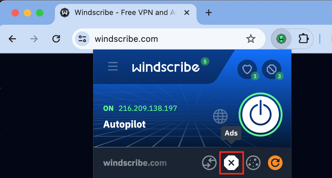 Windscribe Extension showing Ads Allowlist button