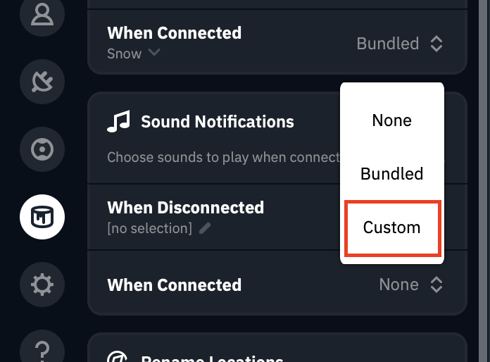 Custom sound selection menu