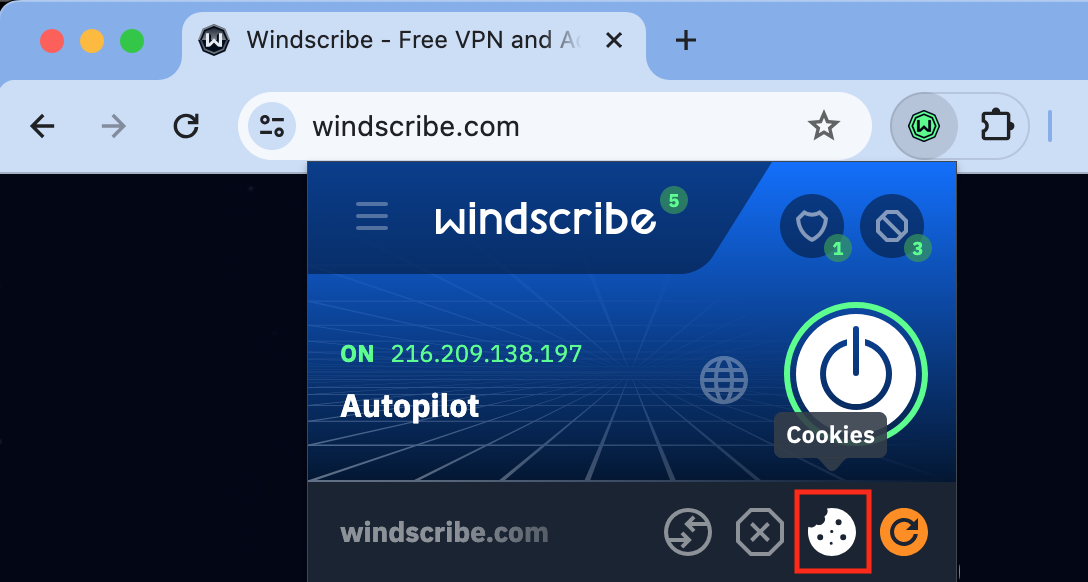 Windscribe Extension showing Cookie Allowlist button