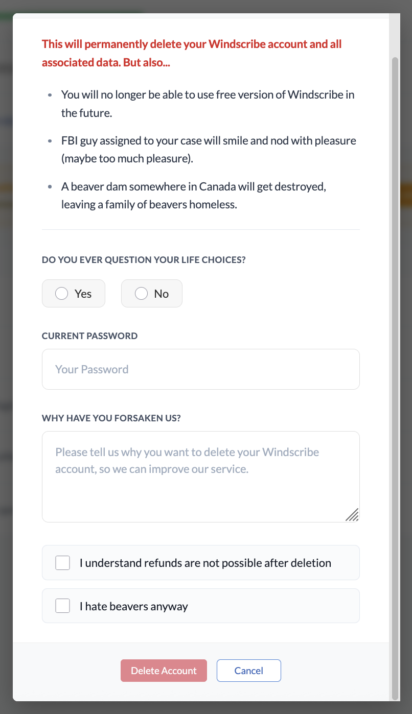 Delete Account prompt