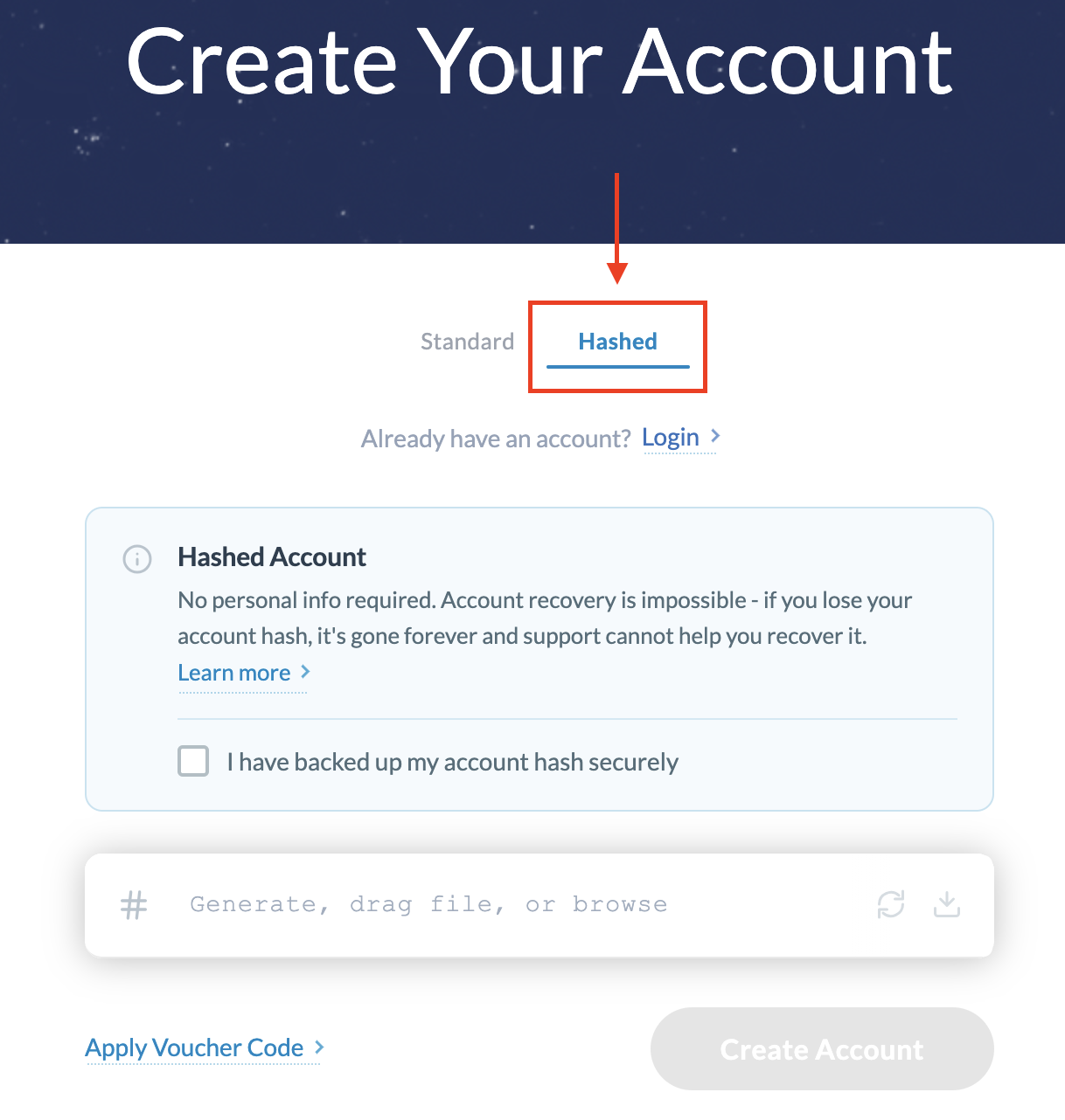 Create Hashed Account
