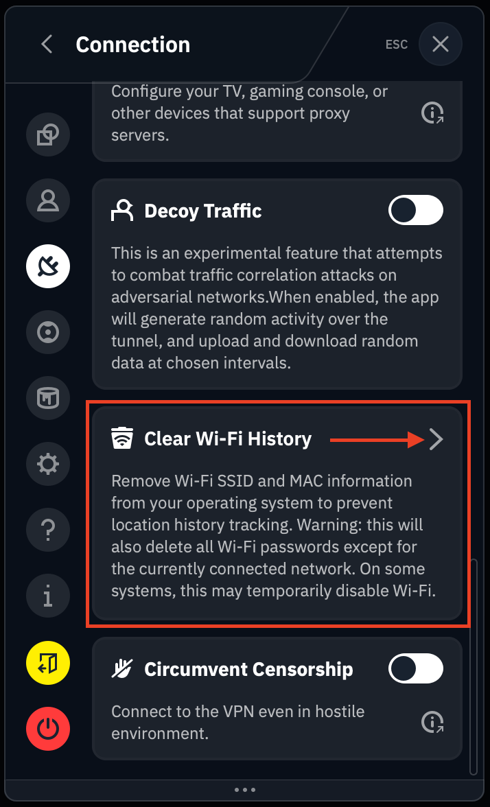 Clear Wi-Fi History section