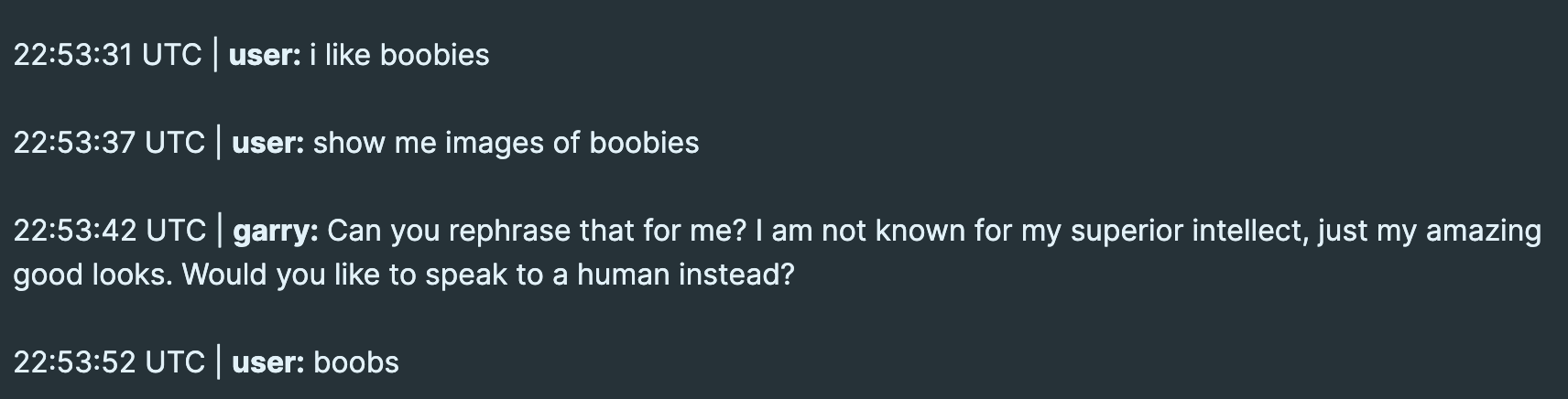 Ticket is a conversation between user and Garry, our chat bot User: I like boobies. Show me images of boobies Garry: Can you rephrase that for me? User: boobs