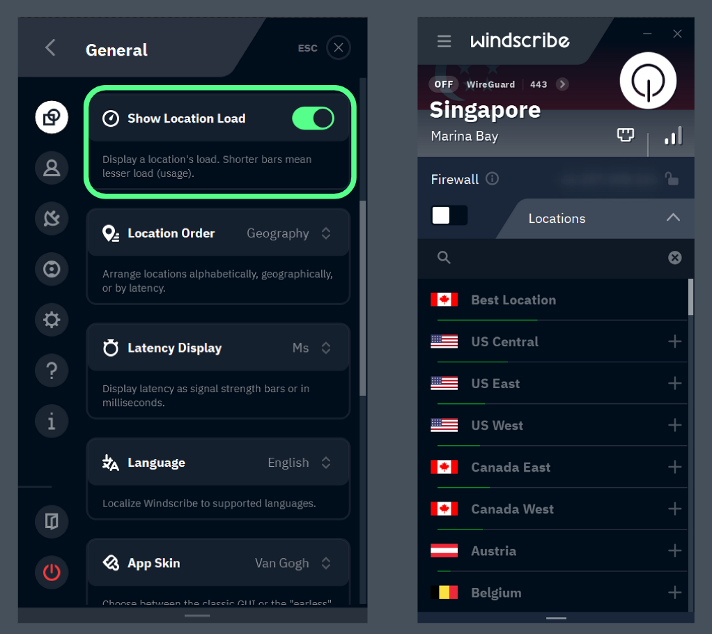 Screenshot of Windscribe interface, with the show location load toggle highlighted