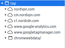 Alt text: Screenshot of domains requested when loading NordVPN.com, showing google analytics and tag manger domains are present on the website