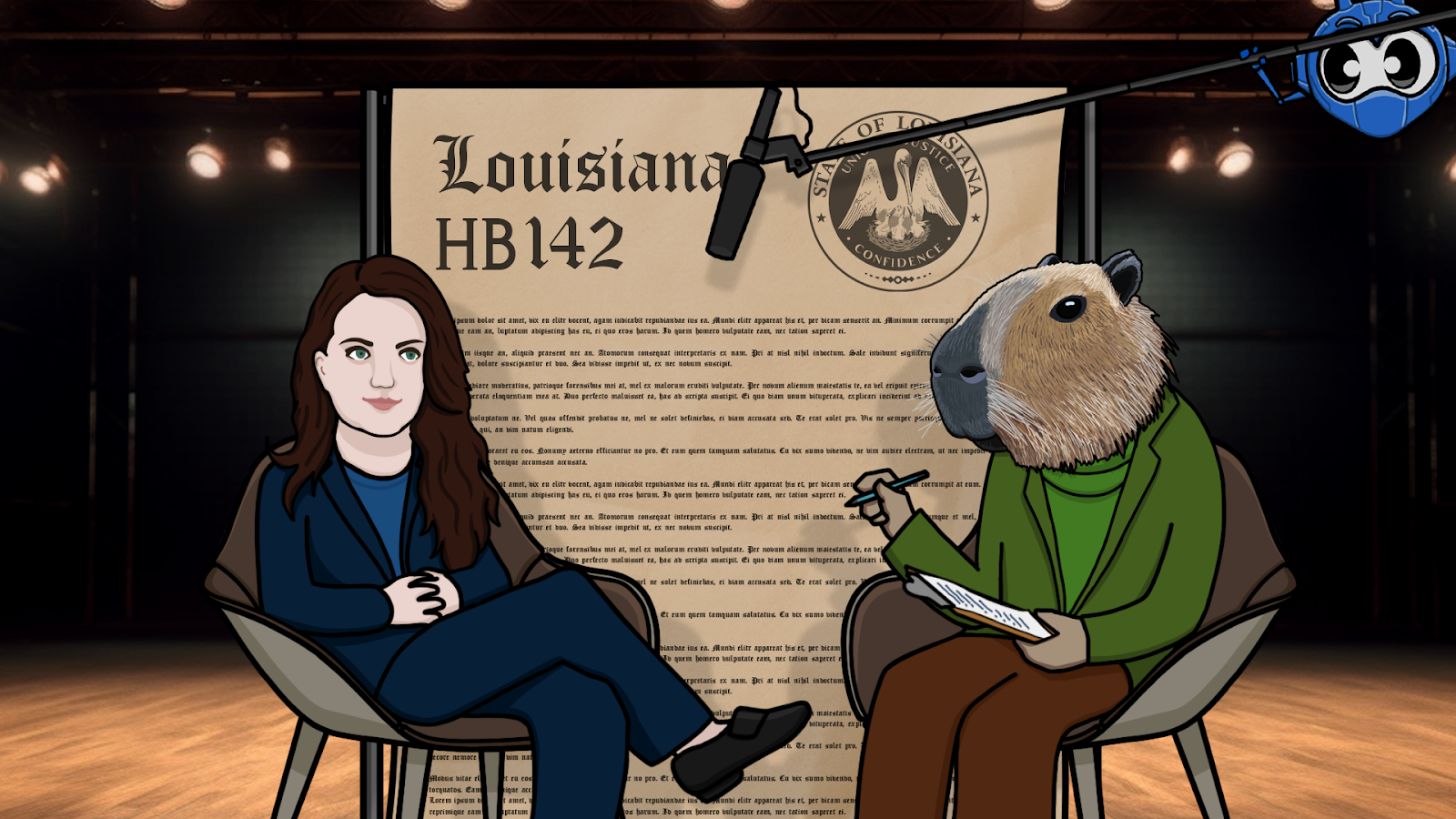 Cartoon versions of Sen. Landry being interviewed by Graham the Capybara in a studio in front of the Louisiana HB142