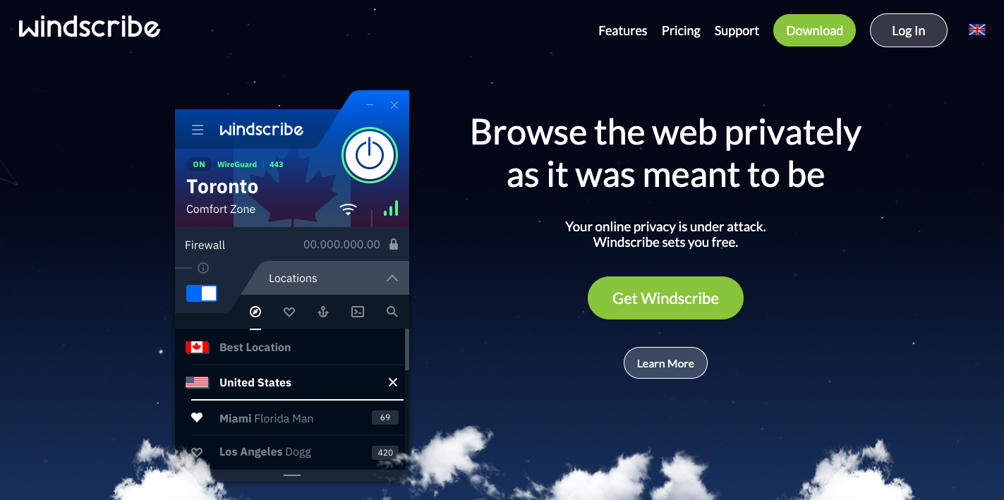 Windscribe's homepage