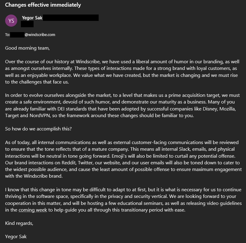 Screenshot of a "leaked" email from Yegor Sak to Windscribe employees, stating that humor is being removed