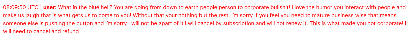 Support ticket from an angry user decrying the introduction of corporate bullshit