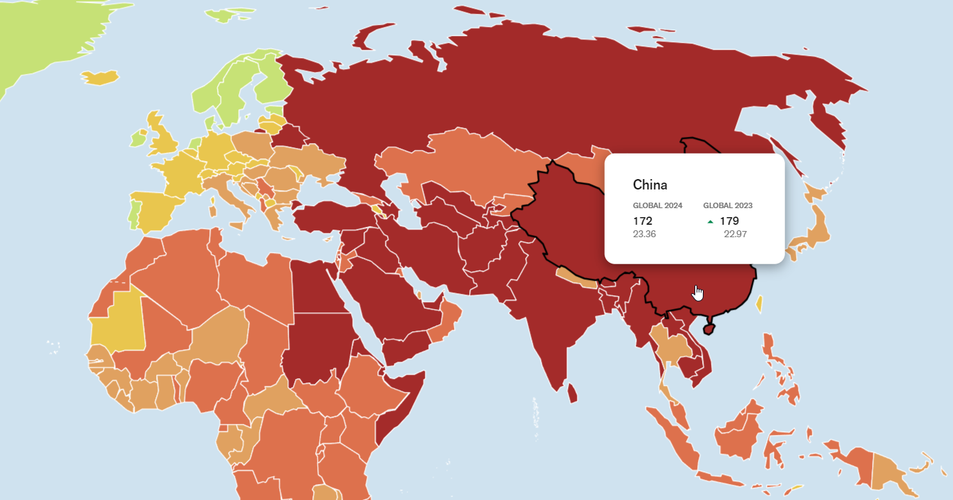 A map of the latest press freedom index by RSF