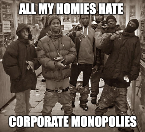 Meme with text "all my homies hate corporate monopolies"