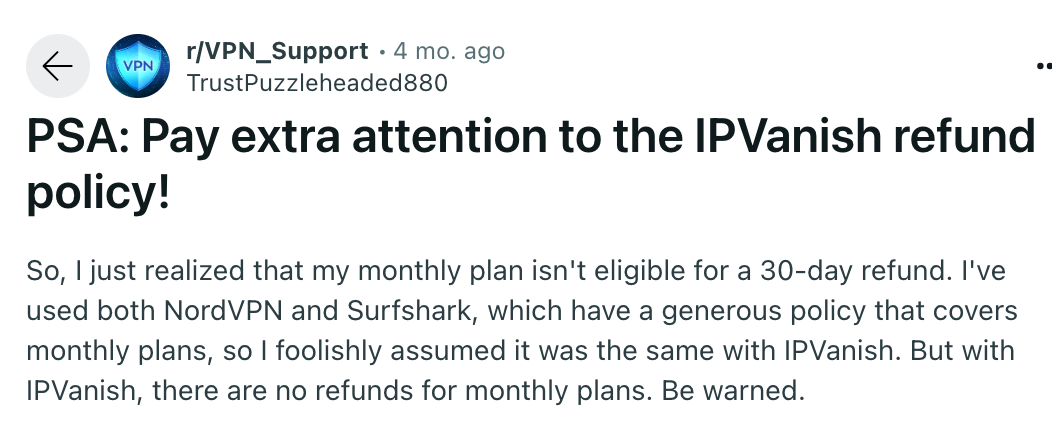 Reddit post showing user realizing they are not able to get a refund for monthly plan