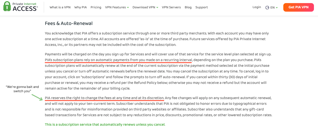 Screenshot of PIA Fees and Auto-Renewal Terms showing they can change the price on during renewal