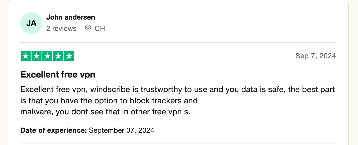 5 Star Trust Pilot Review mentioning Windscribe is trustworthy, keeps data safe and blocks trackers and malware.