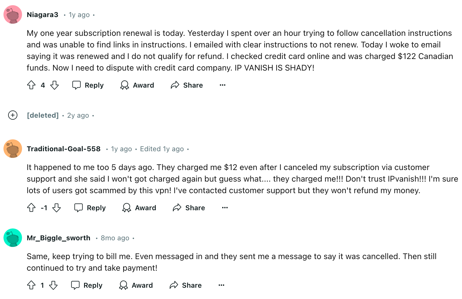 Reddit thread showing users frustrated that they were unable to cancel their subscription and were billed for another year of service.