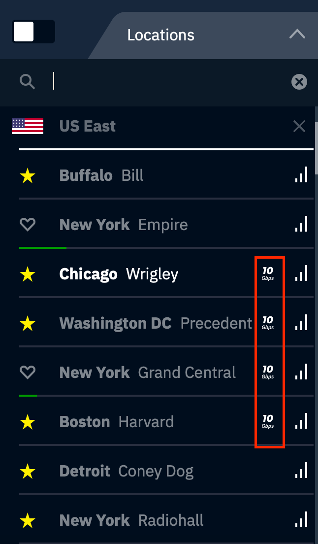 Screenshot of Windscribe App with 10 Gbps location badges highlighted
