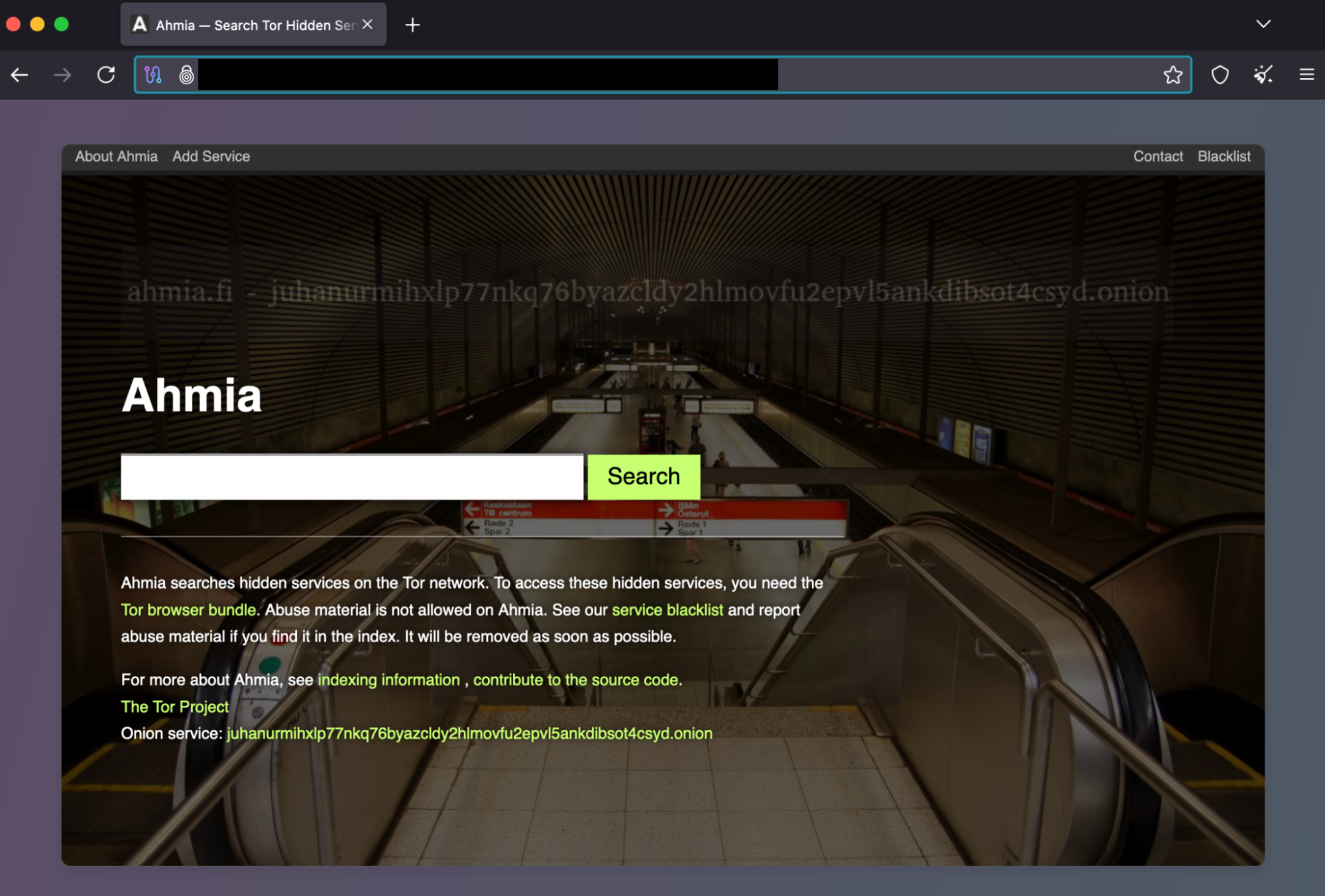 Screenshot of Ahmia on Tor Browser