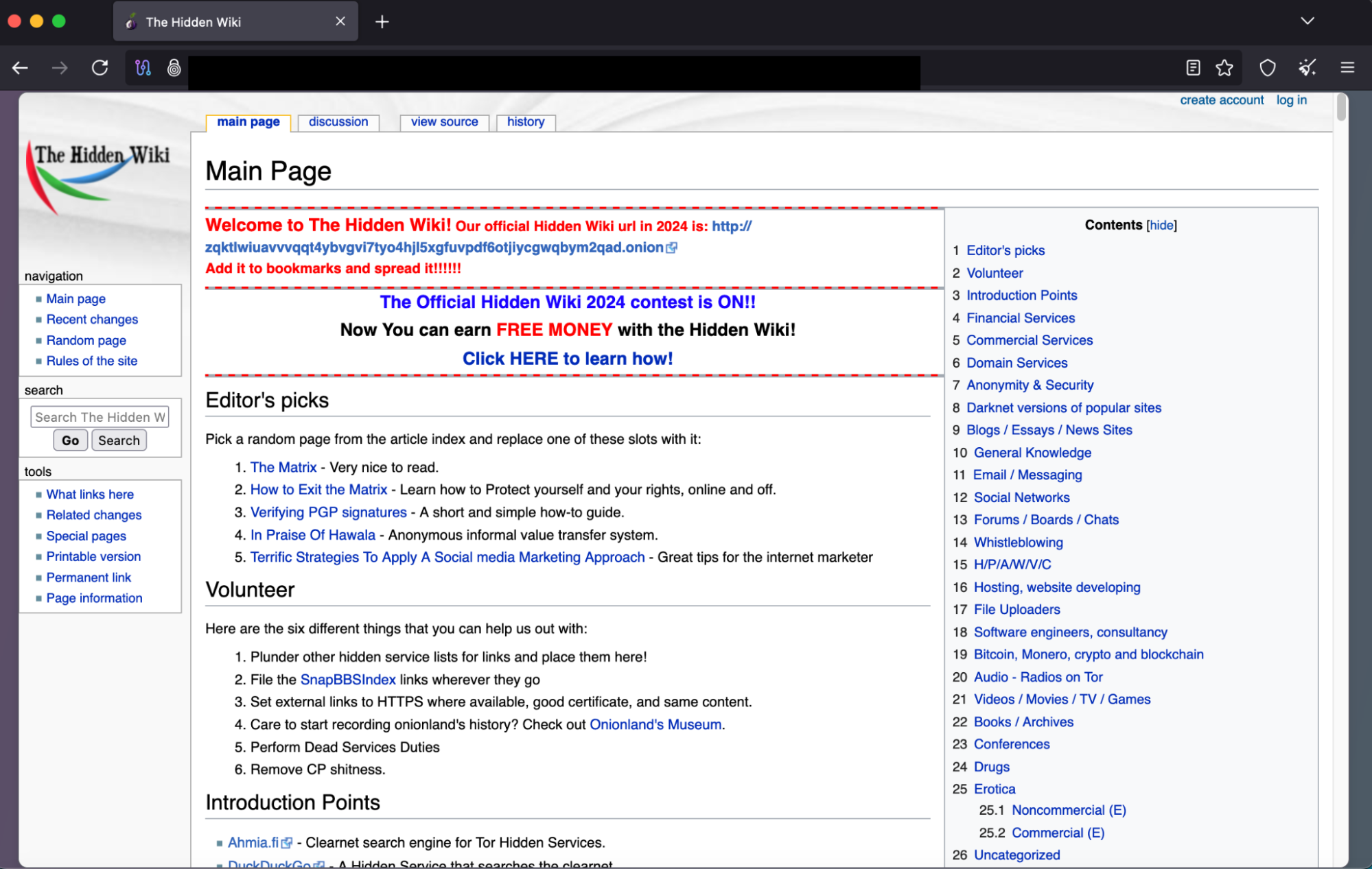 Screenshot of The Hidden Wiki on Tor Browser