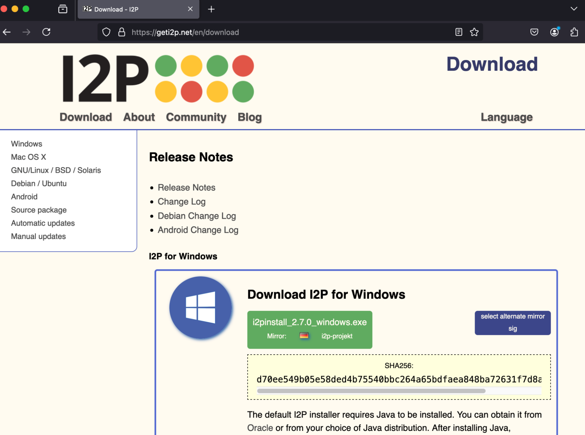 Screenshot of I2P download page