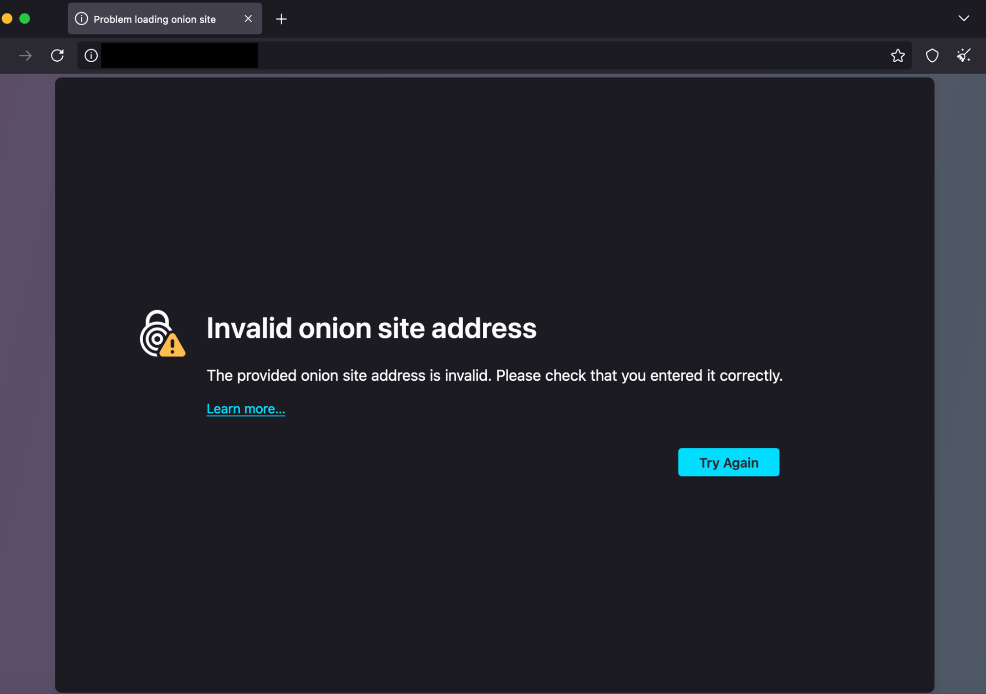 Screen shot on Tor Browser showing invalid onion site address