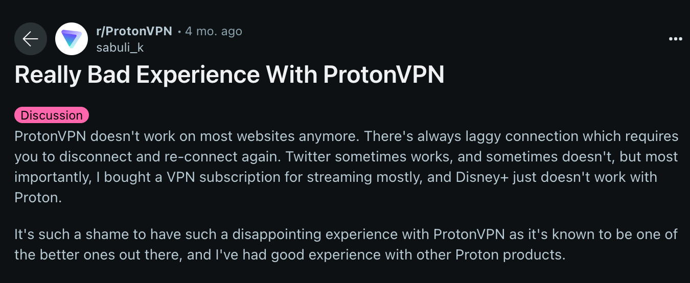 Reddit Post: Really Bad Experience with ProtonVPN