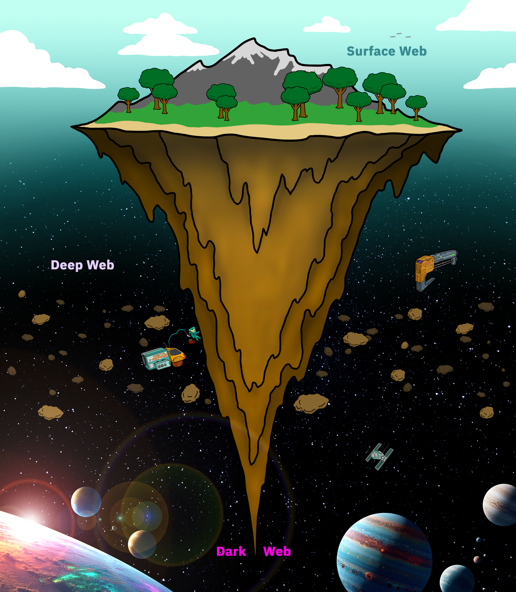 Image of chunk of earth in space representing Surface vs. Deep vs. Dark Web