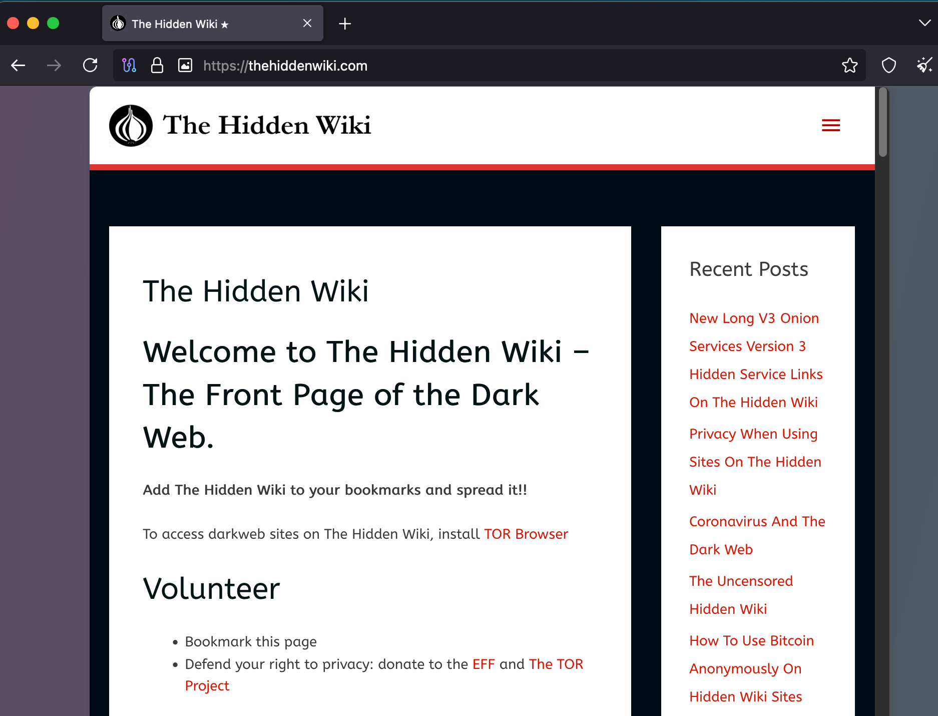 Screenshot of The Hidden Wiki on Tor Browser