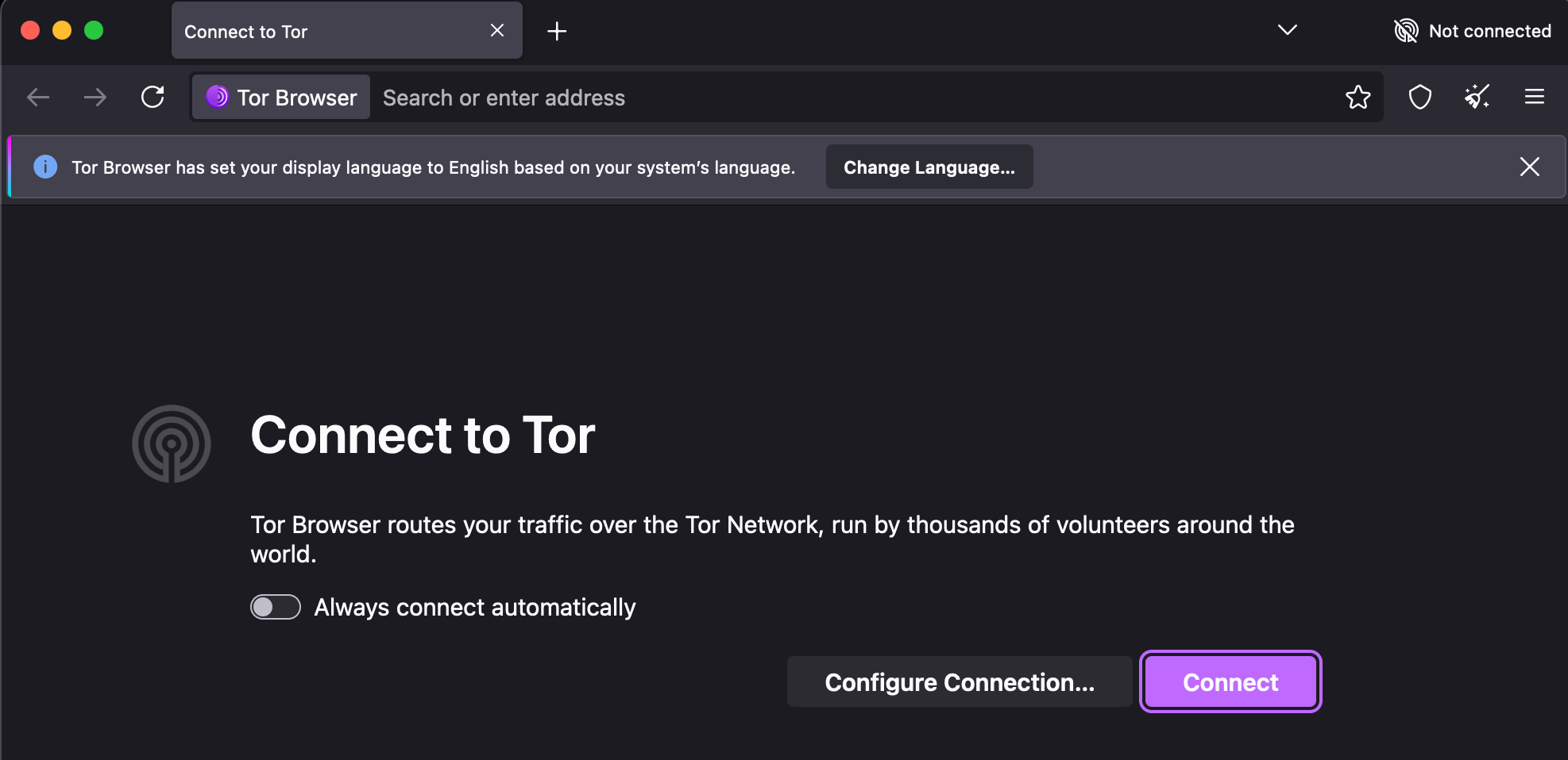 Screenshot showing Tor Browser with option to click "Connect"