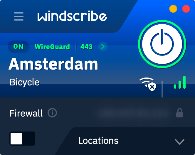 Screenshot showing the Windscribe Desktop App connected