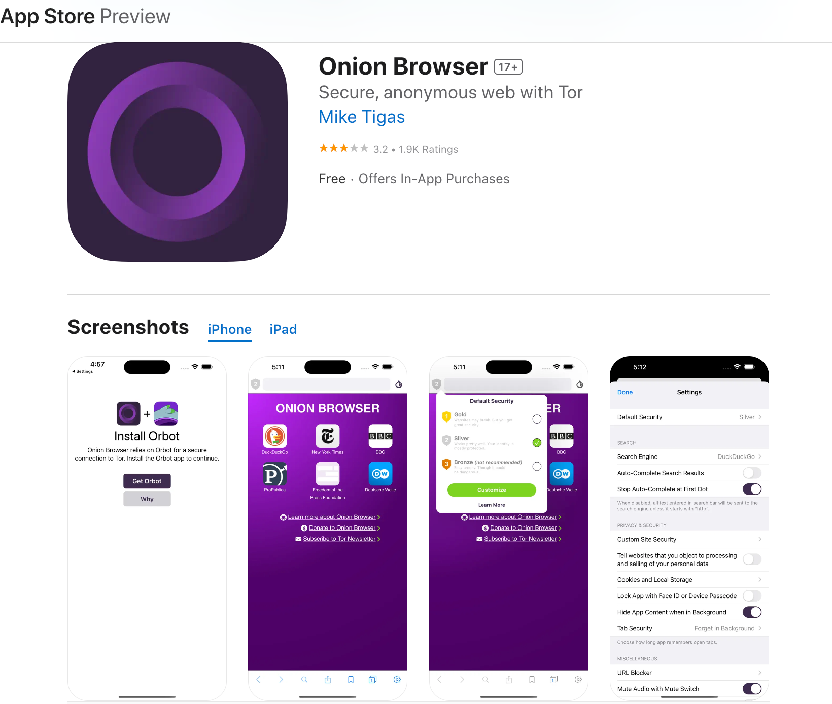 Screenshot of the iPhone App Store showing Onion Browser