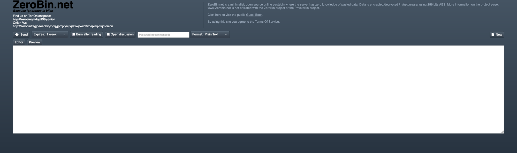 zero bin onion site screenshot