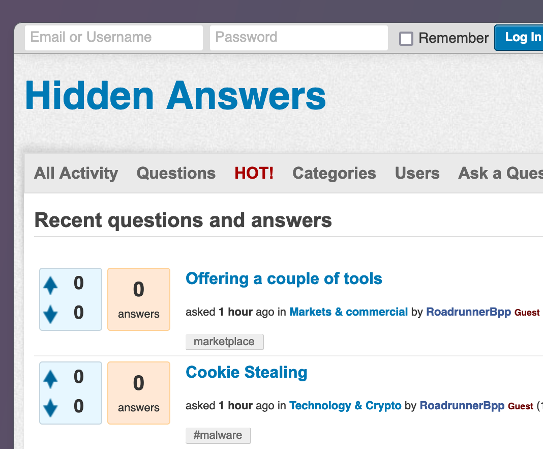 Screenshot of Hidden Answers homepage