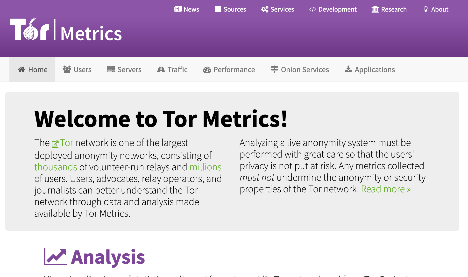 Screenshot of Tor Metrics homepage