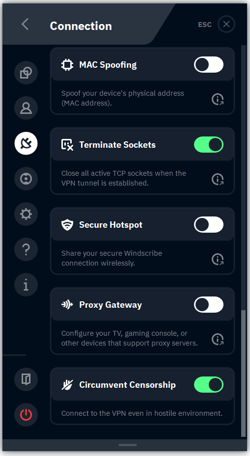 Screenshot of Windscribe UX for Connection Options showing Circumvent Censorship feature active