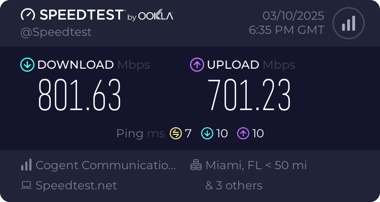 Screenshot of speed test results showing 801 Mbps download and 701 Mbps upload