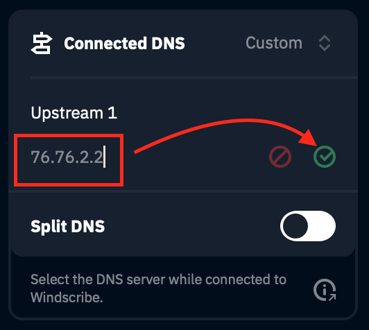 Screenshot of custom DNS added to app, with arrow pointing to green checkmark in Desktop App