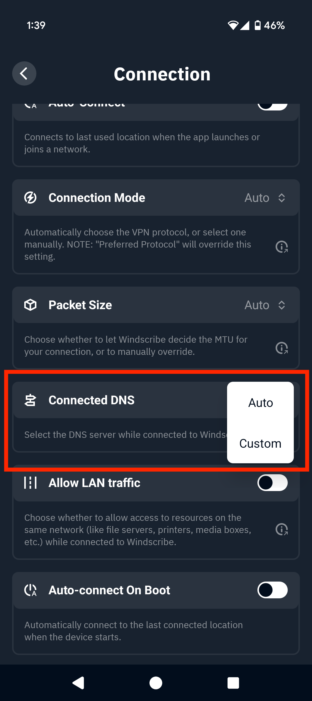 Screenshot of Mobile app showing the Connected DNS section