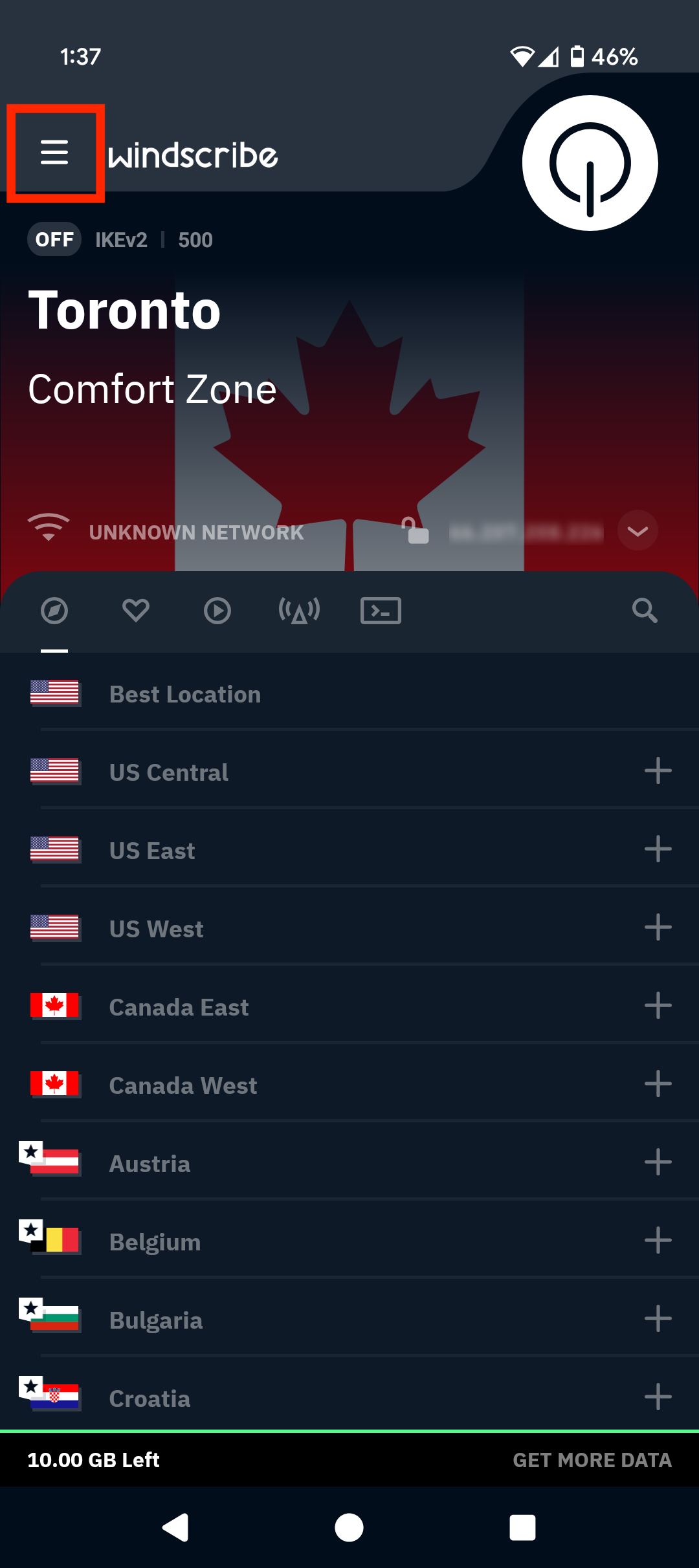 Screenshot of Mobile App showing top left menu highlighted