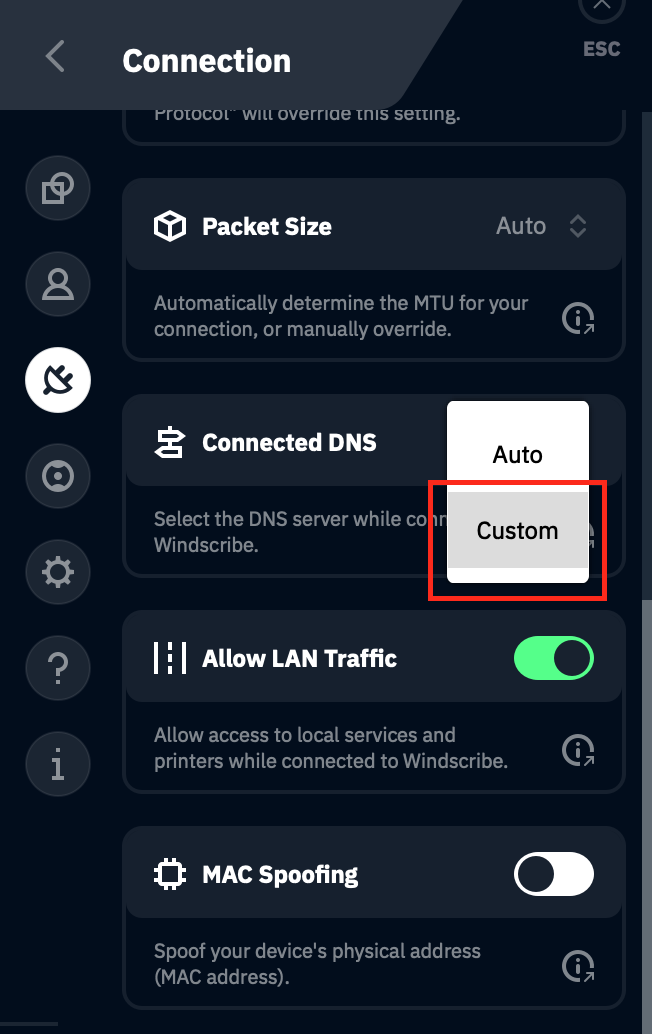Screenshot of "Custom" option in Connected DNS Feature section in Desktop App