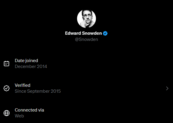 Edward Snowden's X Account showing no location data.