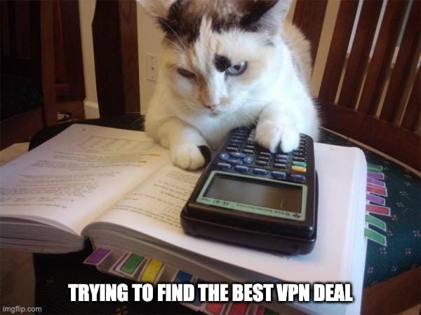 Image of cat using calculator with text: trying to find the best VPN deal