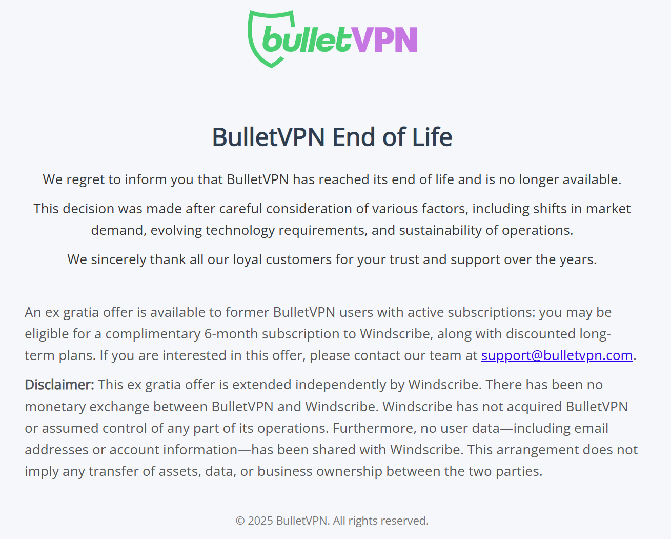 BulletVPN shutdown statement on their website