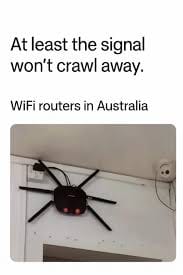 Photo of a router that looks like a huge spider with the text: Wifi routers in Australia